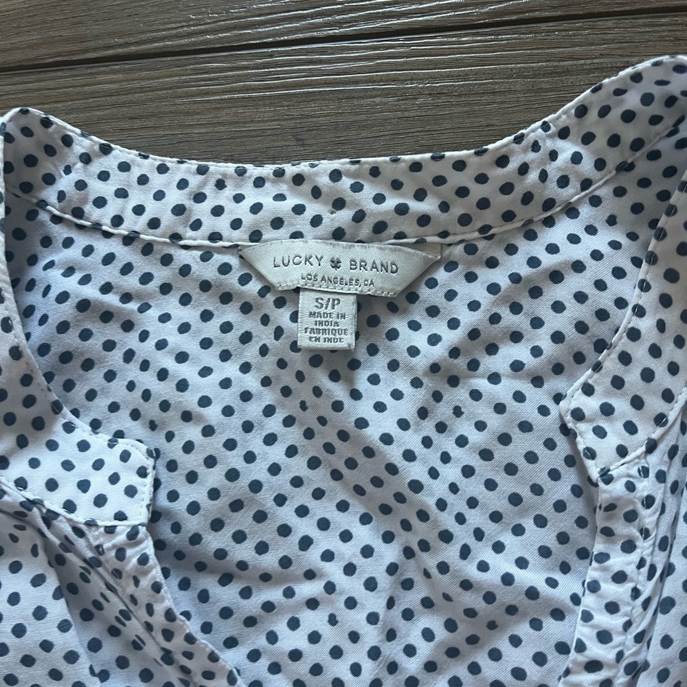 Lucky Brand Polka Dot Floral Border Button Down Top White Blue Yellow Small - Picture 4 of 5